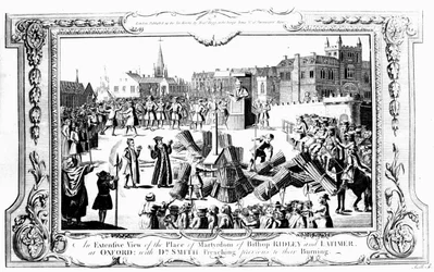 Een uitgebreid uitzicht op de plaats van martelaarschap van bisschop Ridley (c.1500-55) en Latimer (c.1485-1555) in Oxford met Dr. Smith die preekt voorafgaand aan hun verbranding